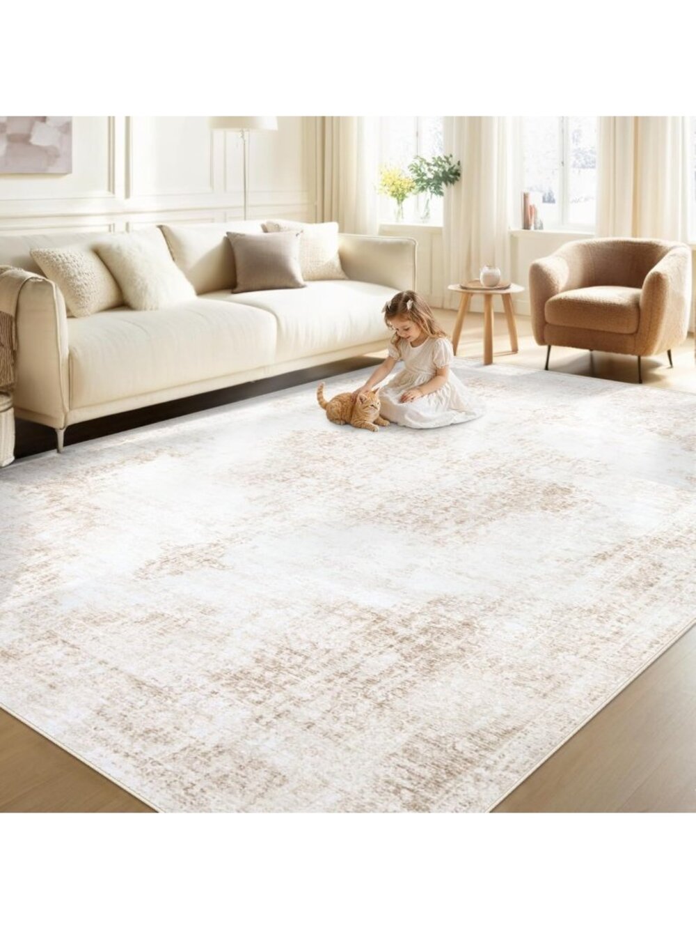 Vintage 6x9 Area Rug - Washable Retro Medallion Soft Low Pile Non-Slip Carpet